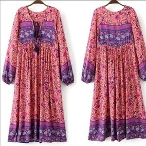 Gypsy Boho Floral Folktown Dress Peasant Gown M tassels free spirit nomad pink